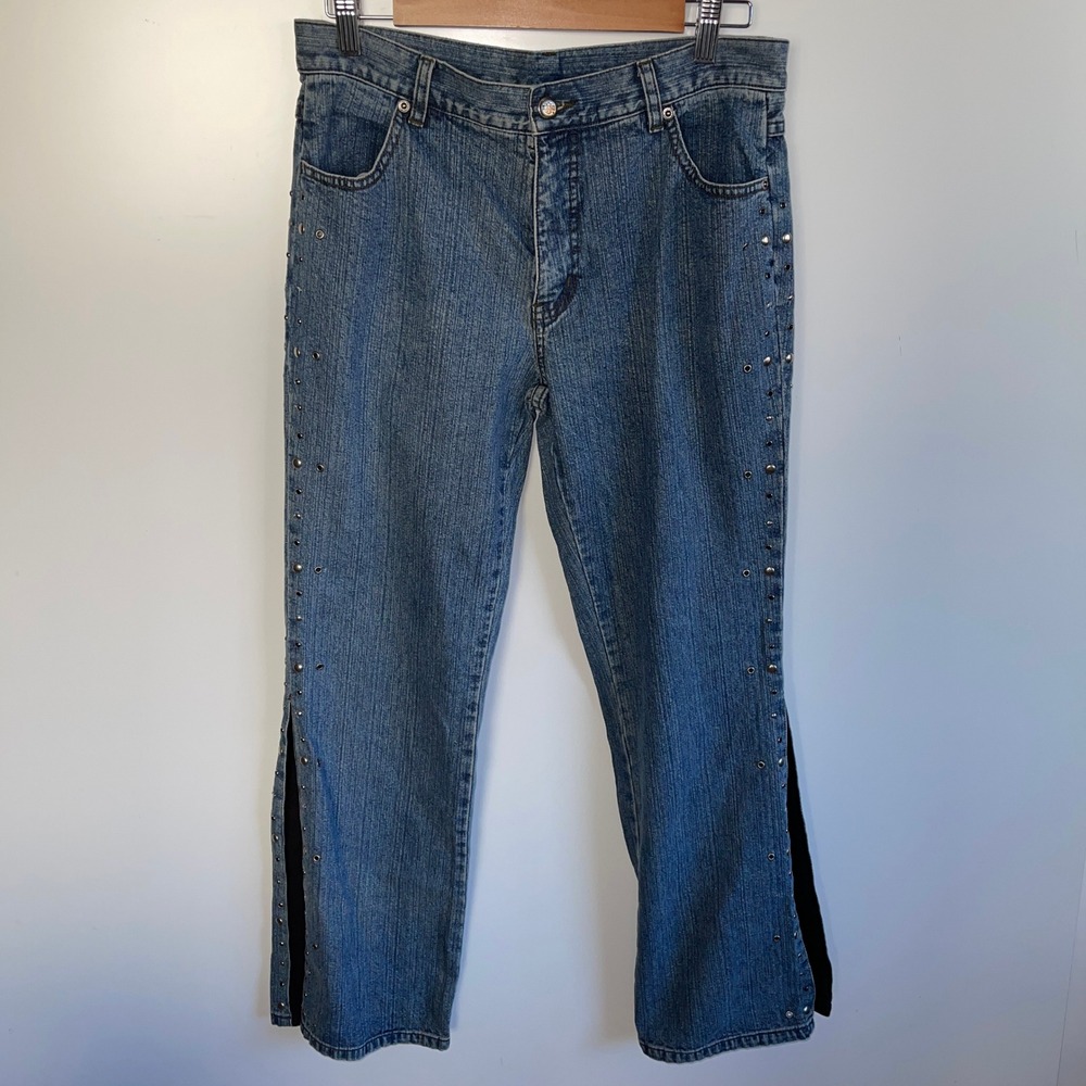 Harley Davidson Womens Studded Denim Jeans Black Side Panel Bootcut Size 10‎